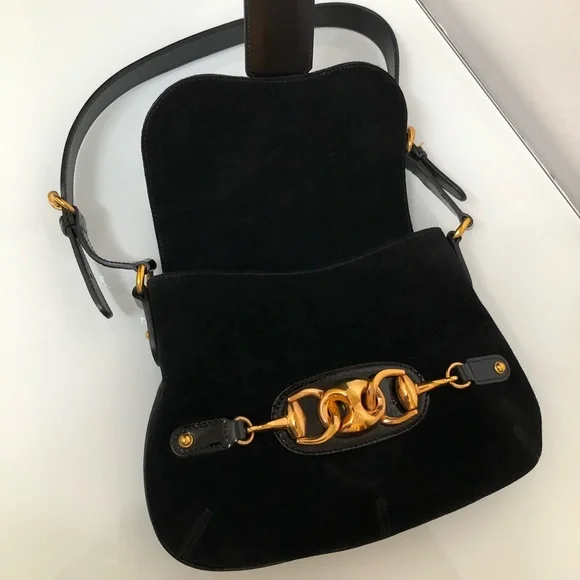 GUCCI Suede Black Handbag with Black Patent Leather Shoulder Strap - Picture 2 of 16